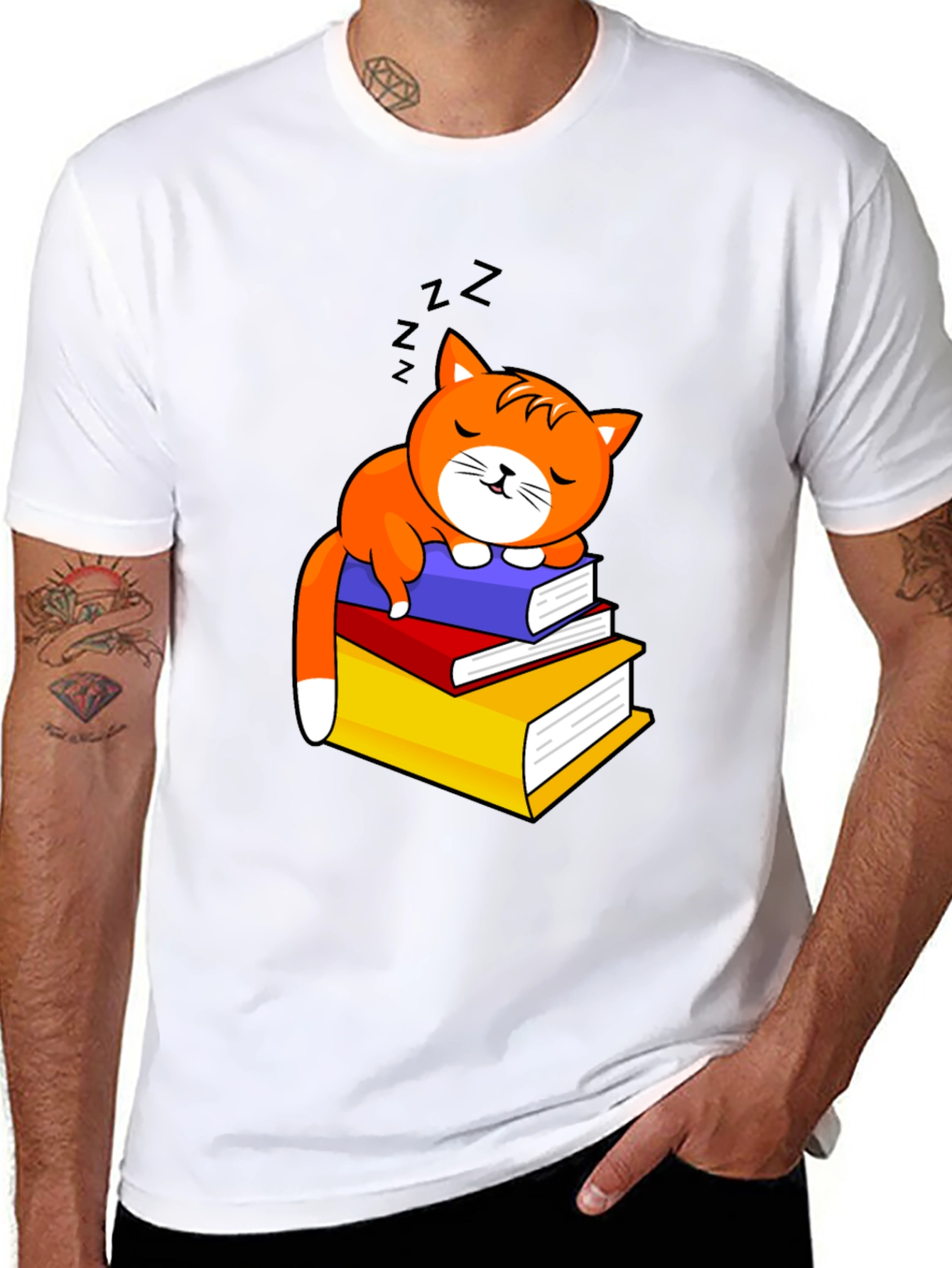 Cute Cat Sleeping on Books Graphic Tee