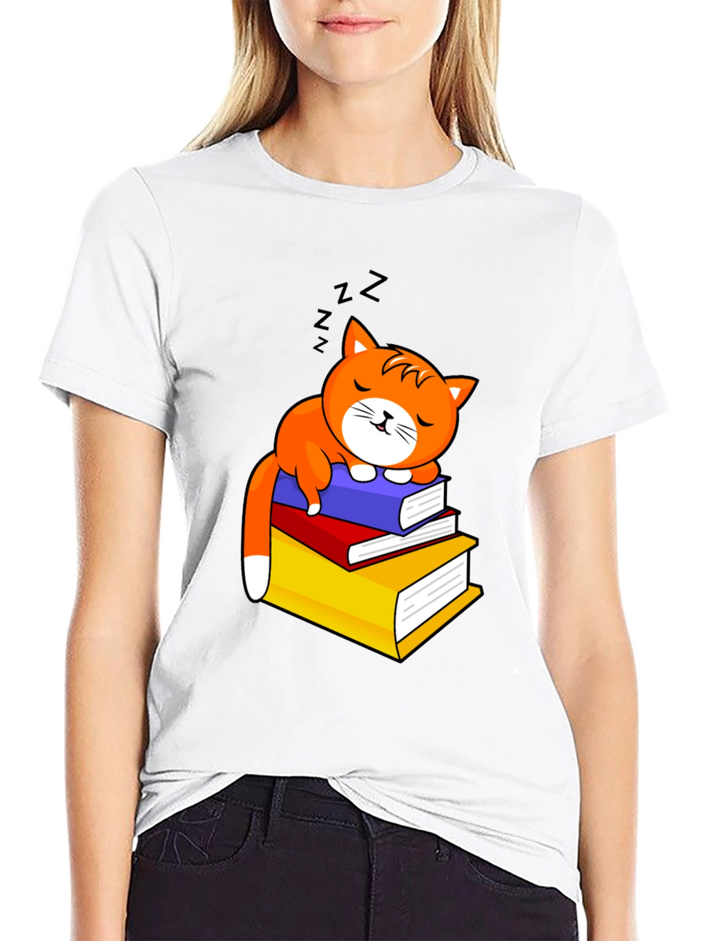 Cute Cat Sleeping on Books Graphic Tee
