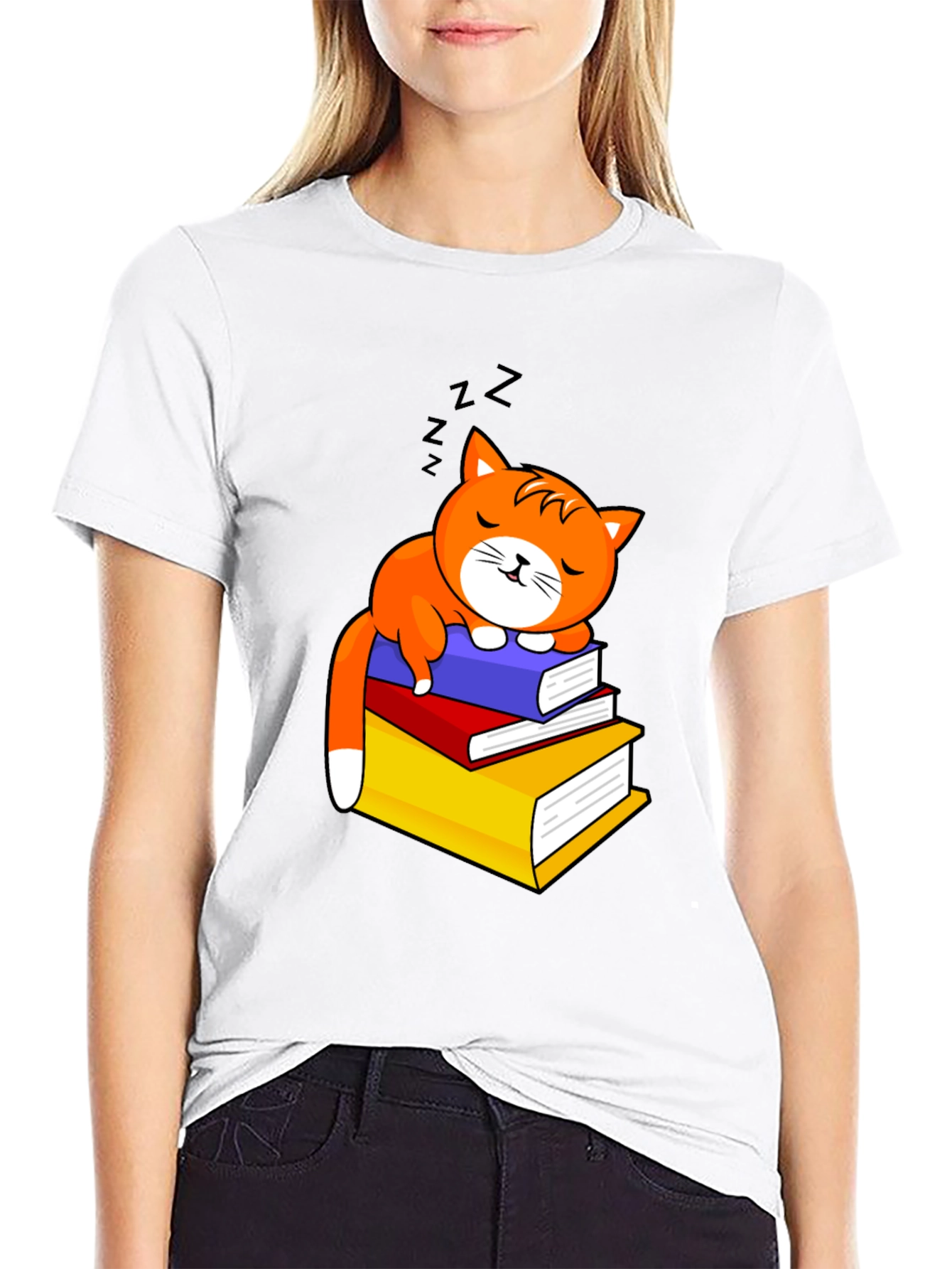Cute Cat Sleeping on Books Graphic Tee