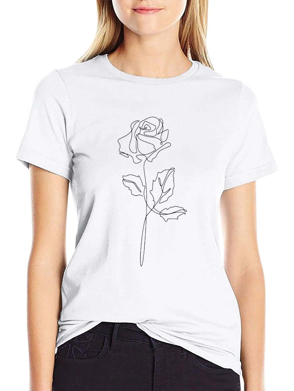 Minimalist Rose Line Art Black T-Shirt