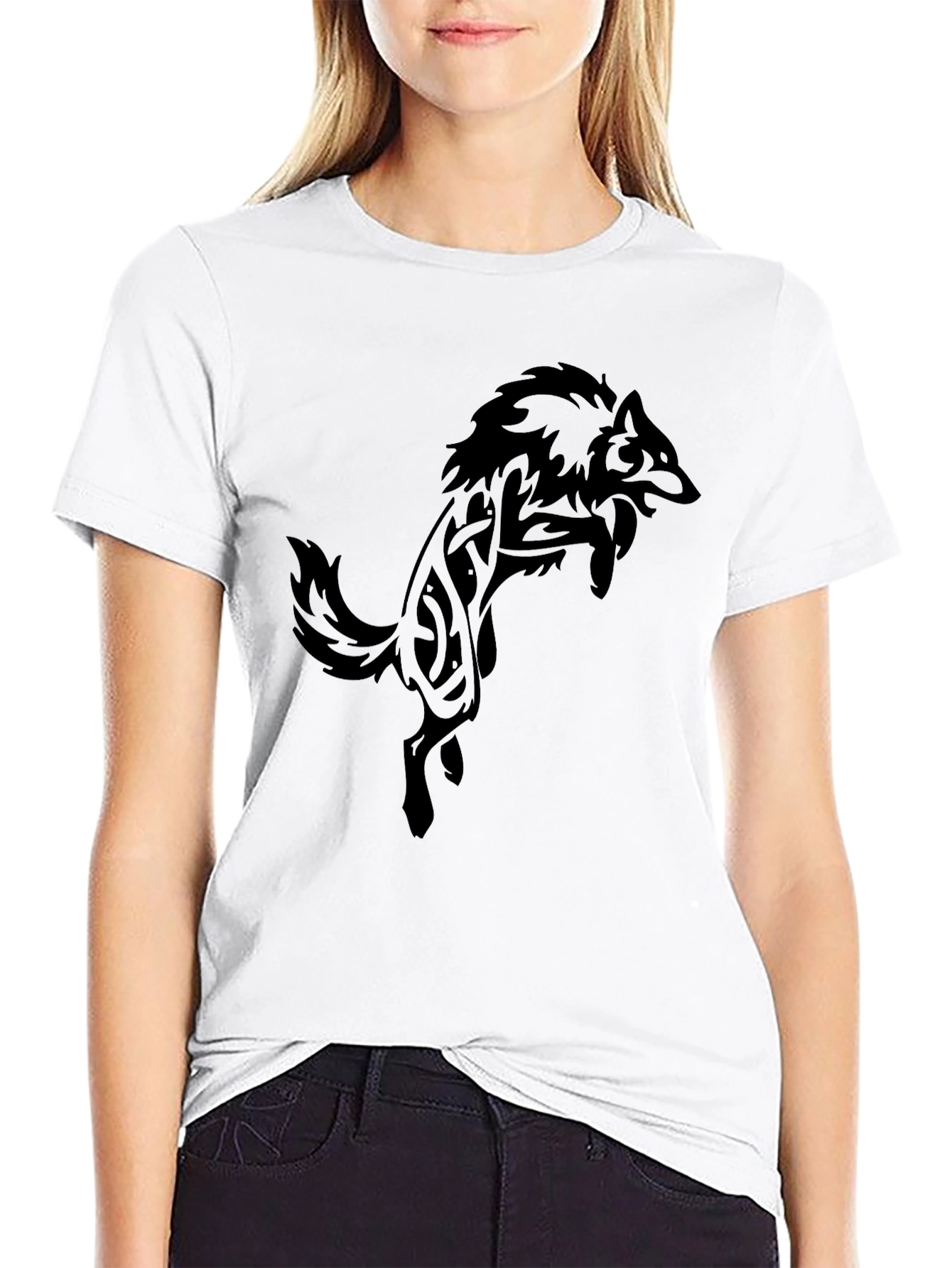 Mens Black T-Shirt with Tribal Wolf Design