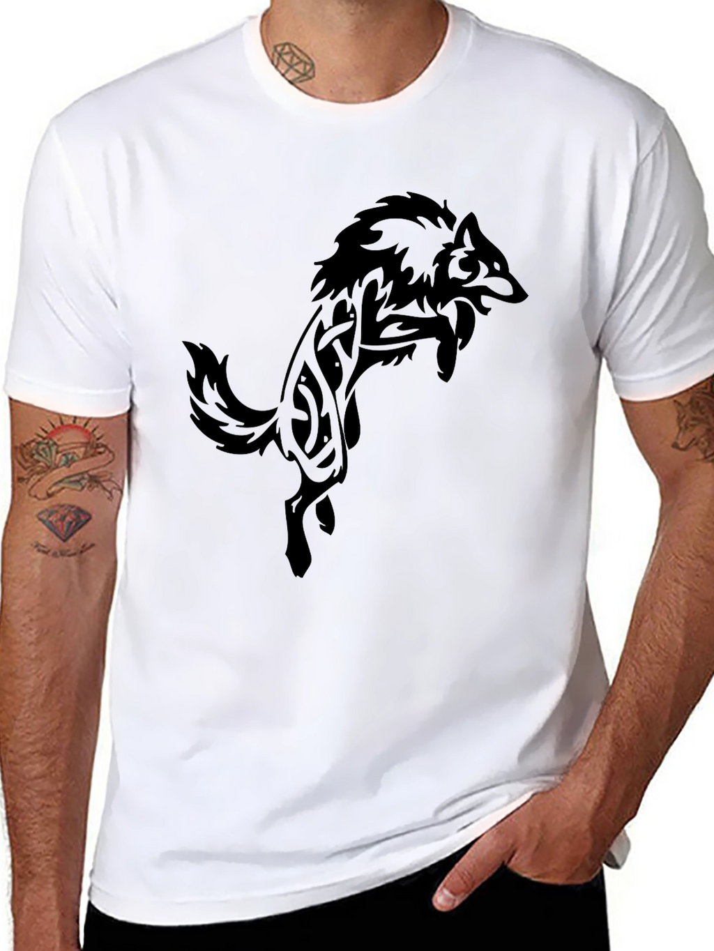 Mens Black T-Shirt with Tribal Wolf Design
