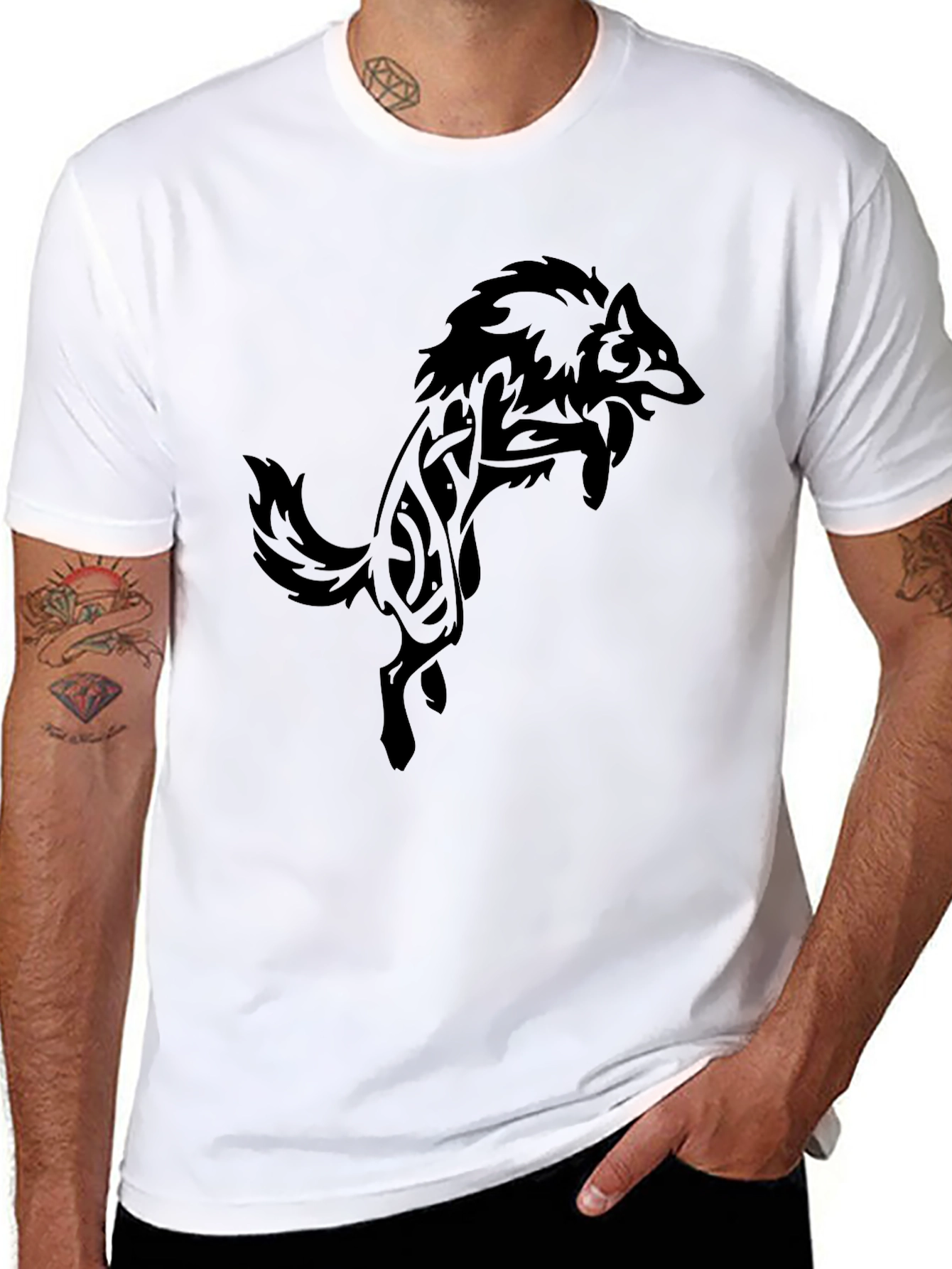 Mens Black T-Shirt with Tribal Wolf Design