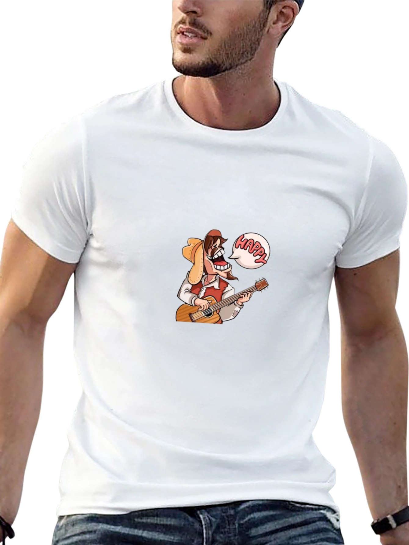 Happy Cowboy Cartoon Graphic Black T-Shirt