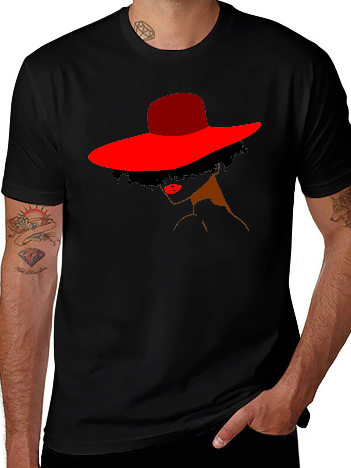 Elegant Woman in Red Hat Graphic Tee