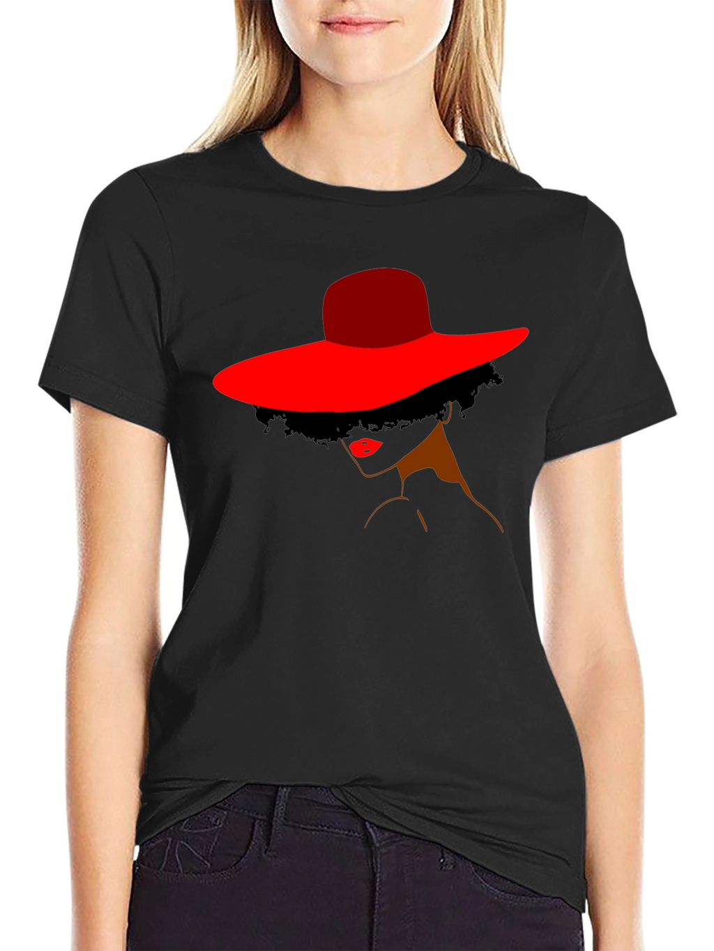 Elegant Woman in Red Hat Graphic Tee
