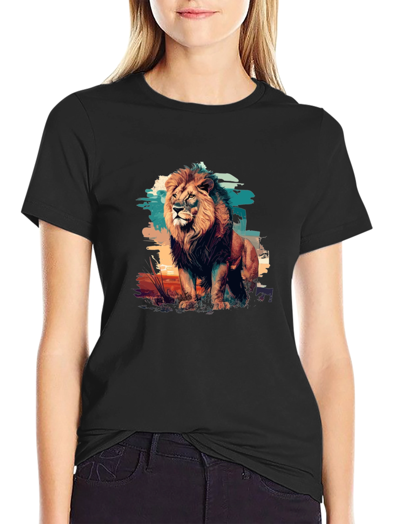 Lion Graphic Print Black T-Shirt