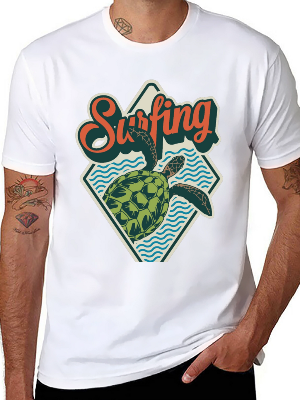 Surfing Turtle Graphic Tee - Retro Beach Style