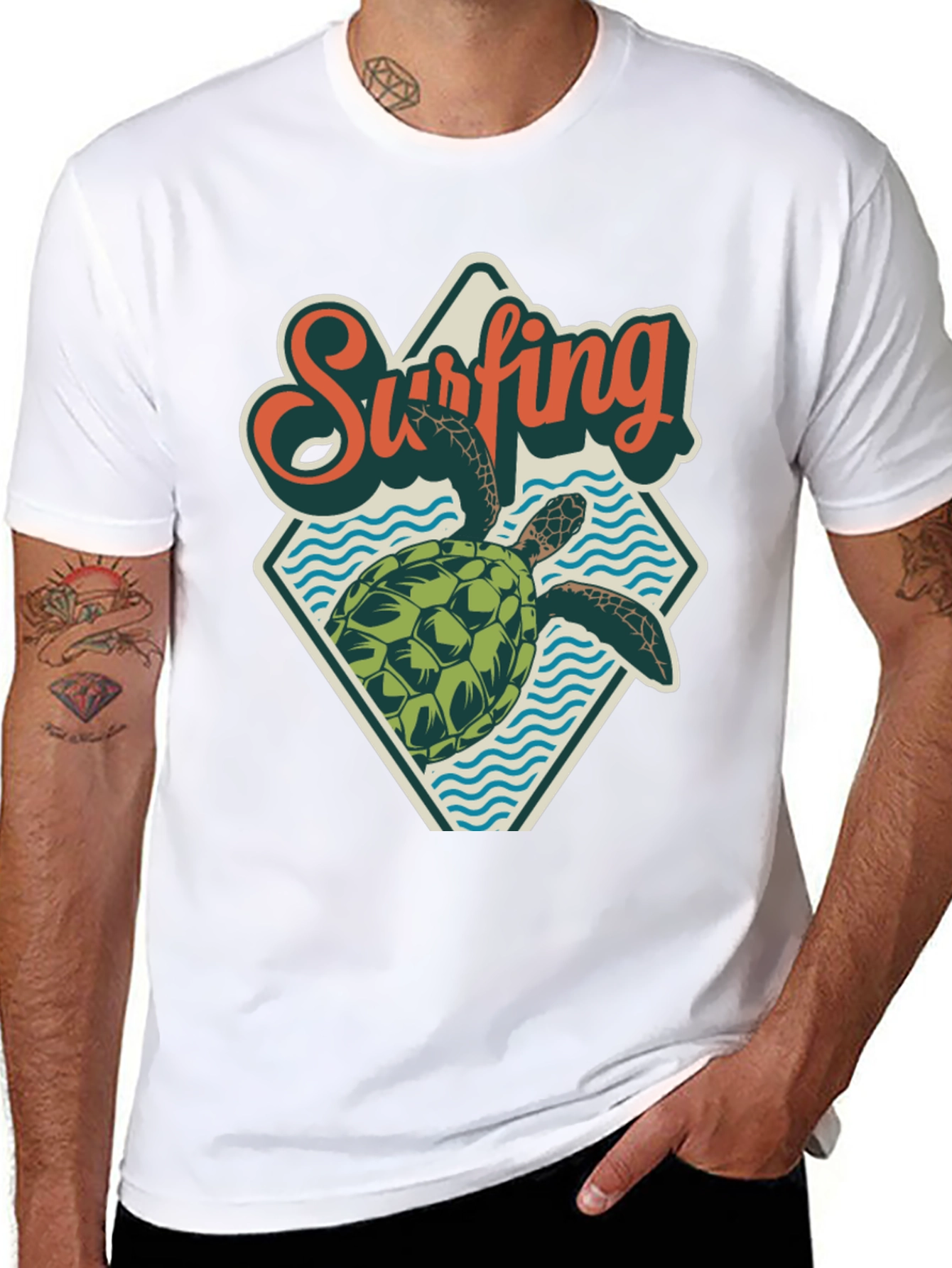 Surfing Turtle Graphic Tee - Retro Beach Style