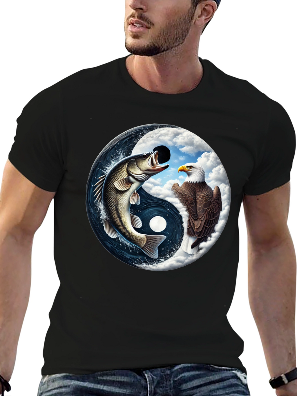 Yin Yang Fish & Eagle Black T-Shirt