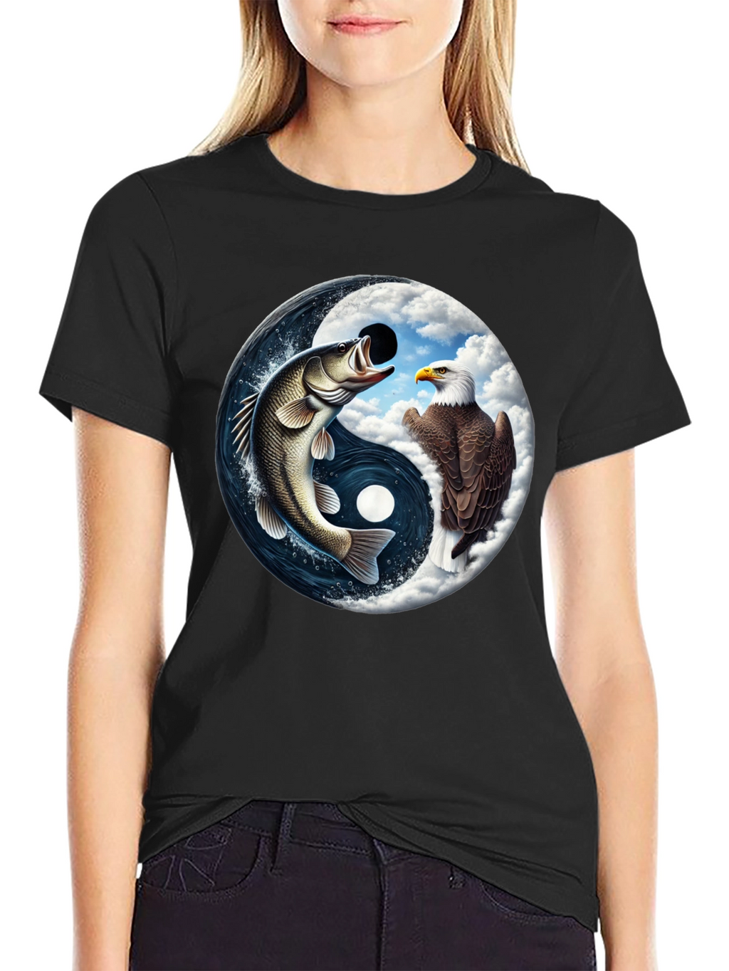 Yin Yang Fish & Eagle Black T-Shirt