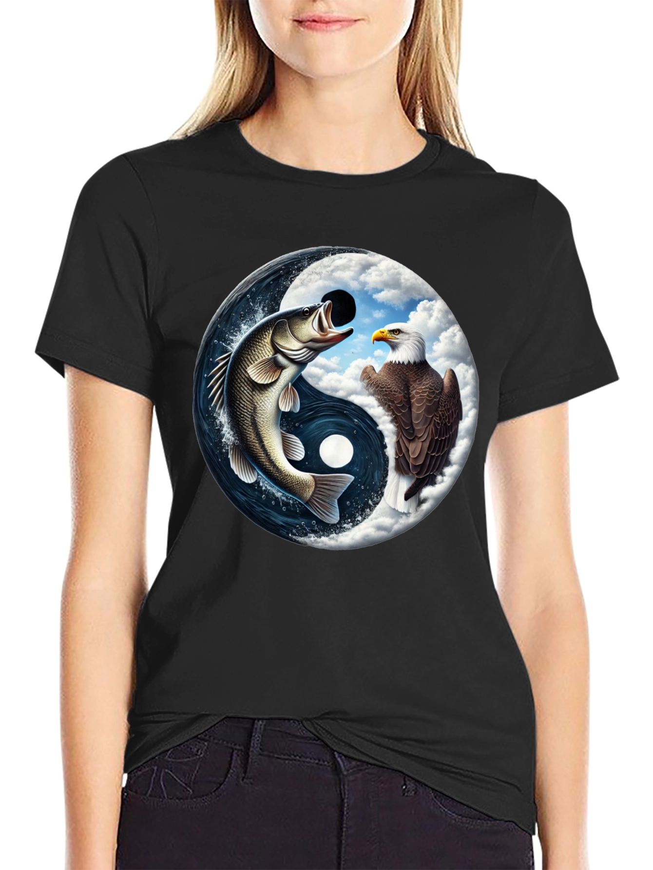 Yin Yang Fish & Eagle Black T-Shirt
