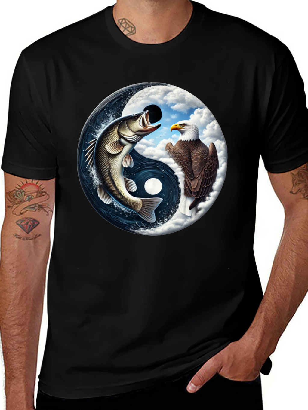 Yin Yang Fish & Eagle Black T-Shirt
