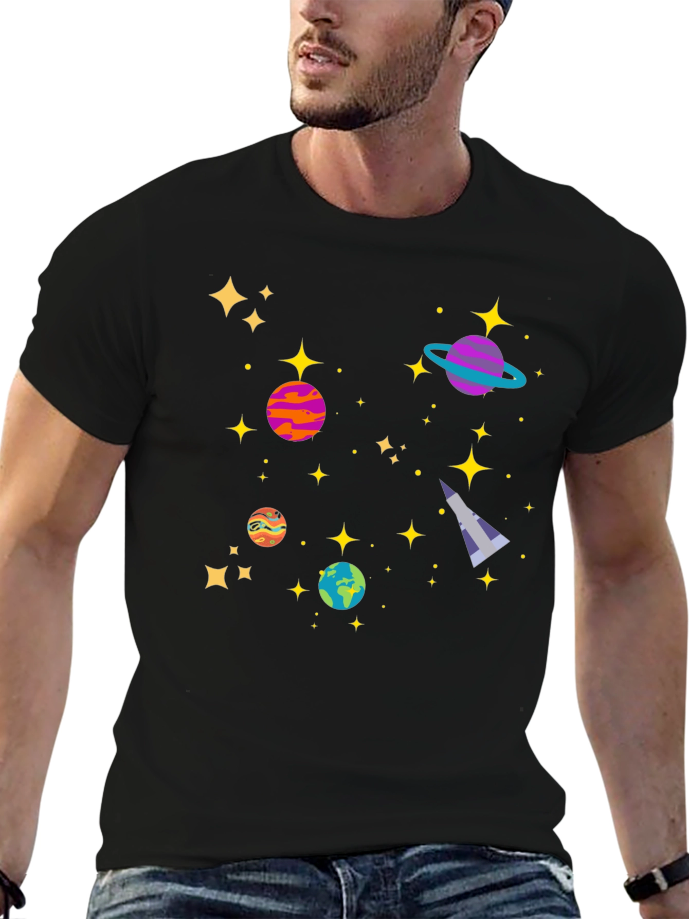 Cosmic Adventure Black T-Shirt - Planets & Stars Design