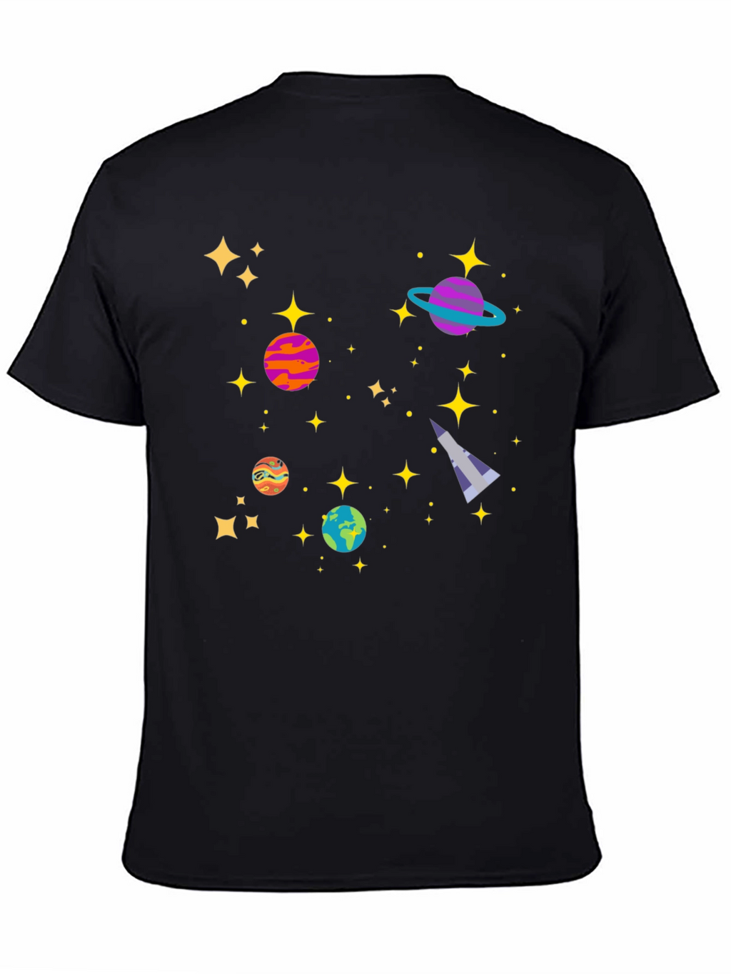 Cosmic Adventure Black T-Shirt - Planets & Stars Design