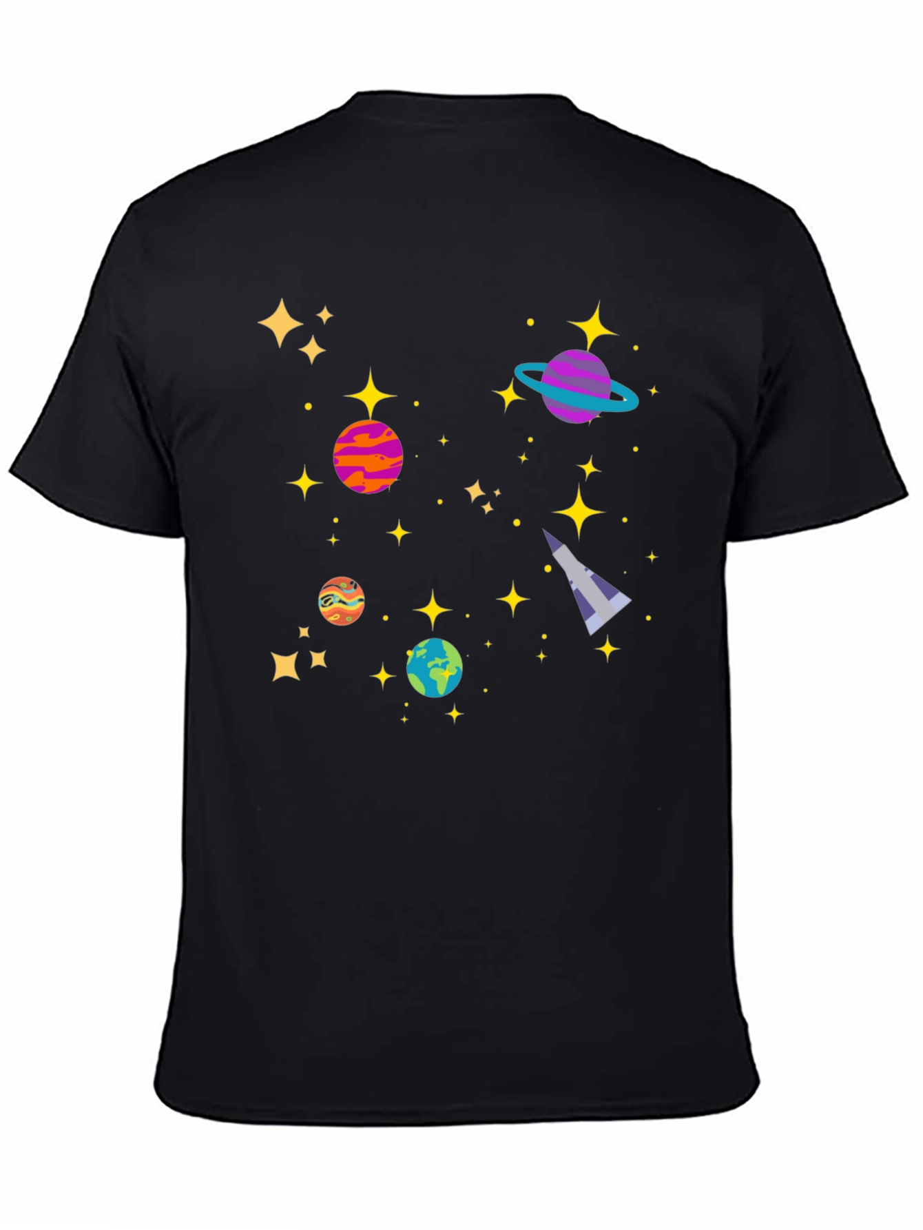 Cosmic Adventure Black T-Shirt - Planets & Stars Design