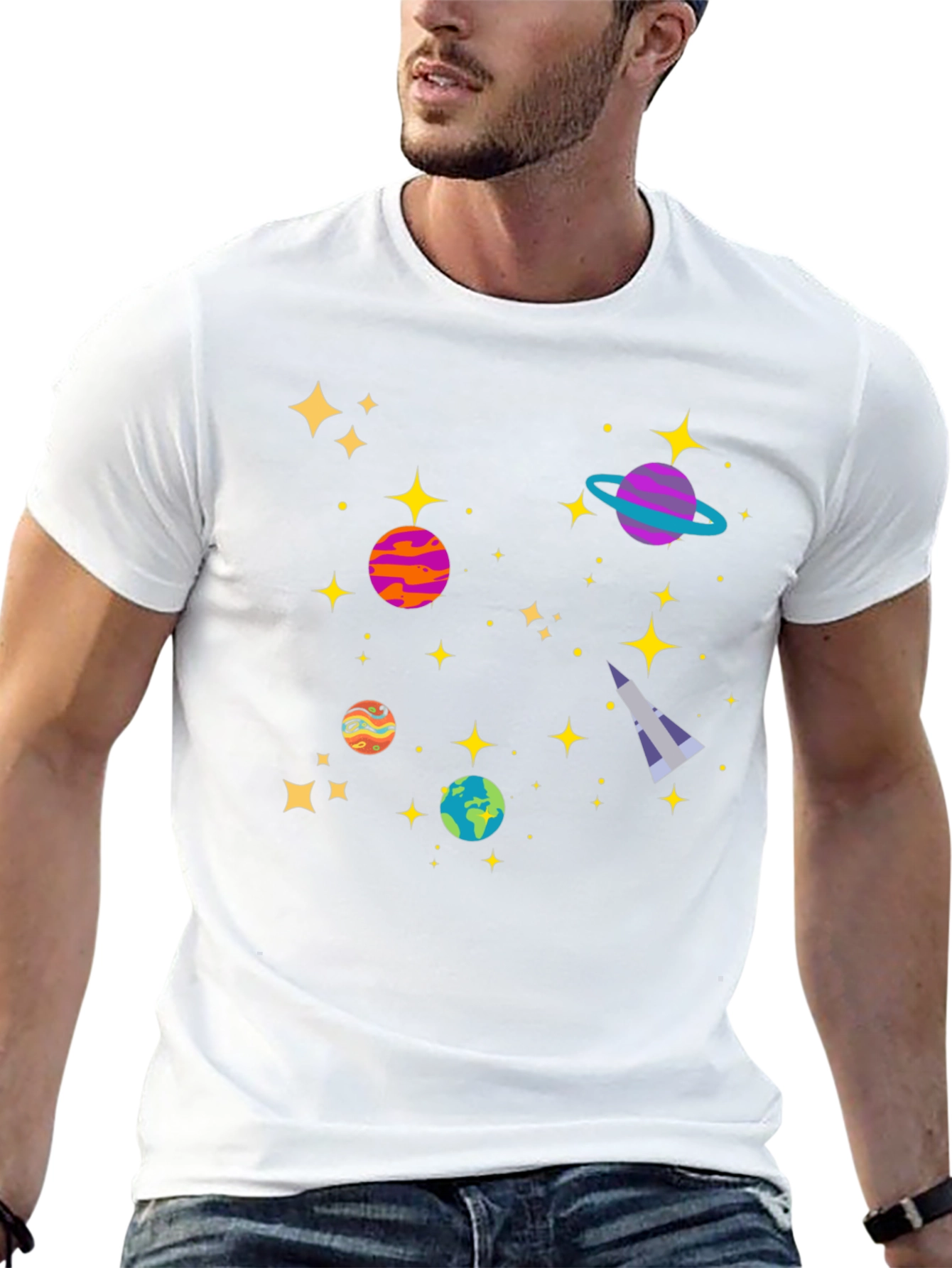 Cosmic Adventure Black T-Shirt - Planets & Stars Design