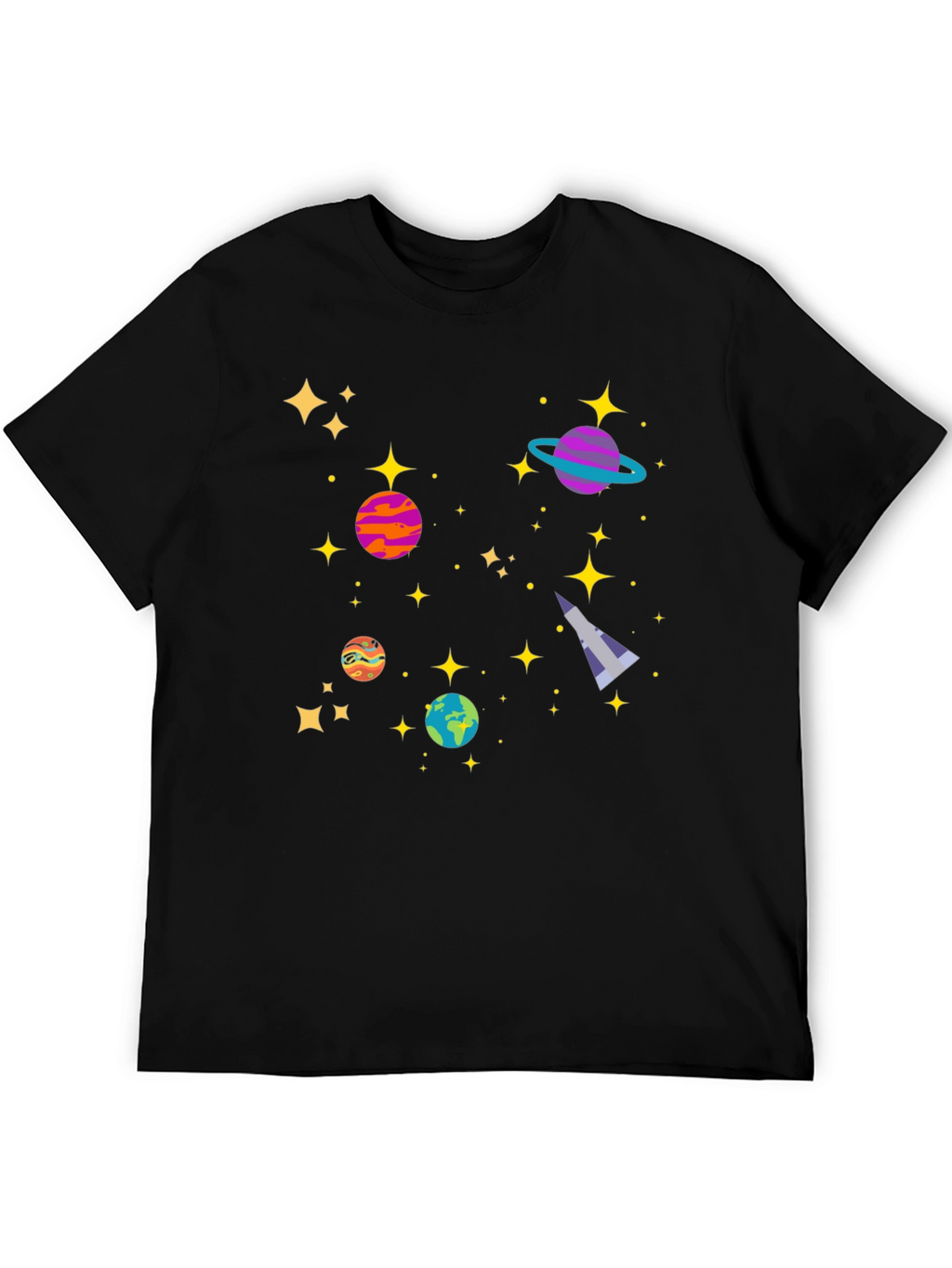Cosmic Adventure Black T-Shirt - Planets & Stars Design