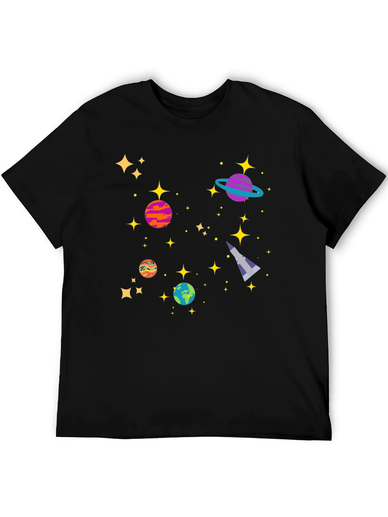 Cosmic Adventure Black T-Shirt - Planets & Stars Design