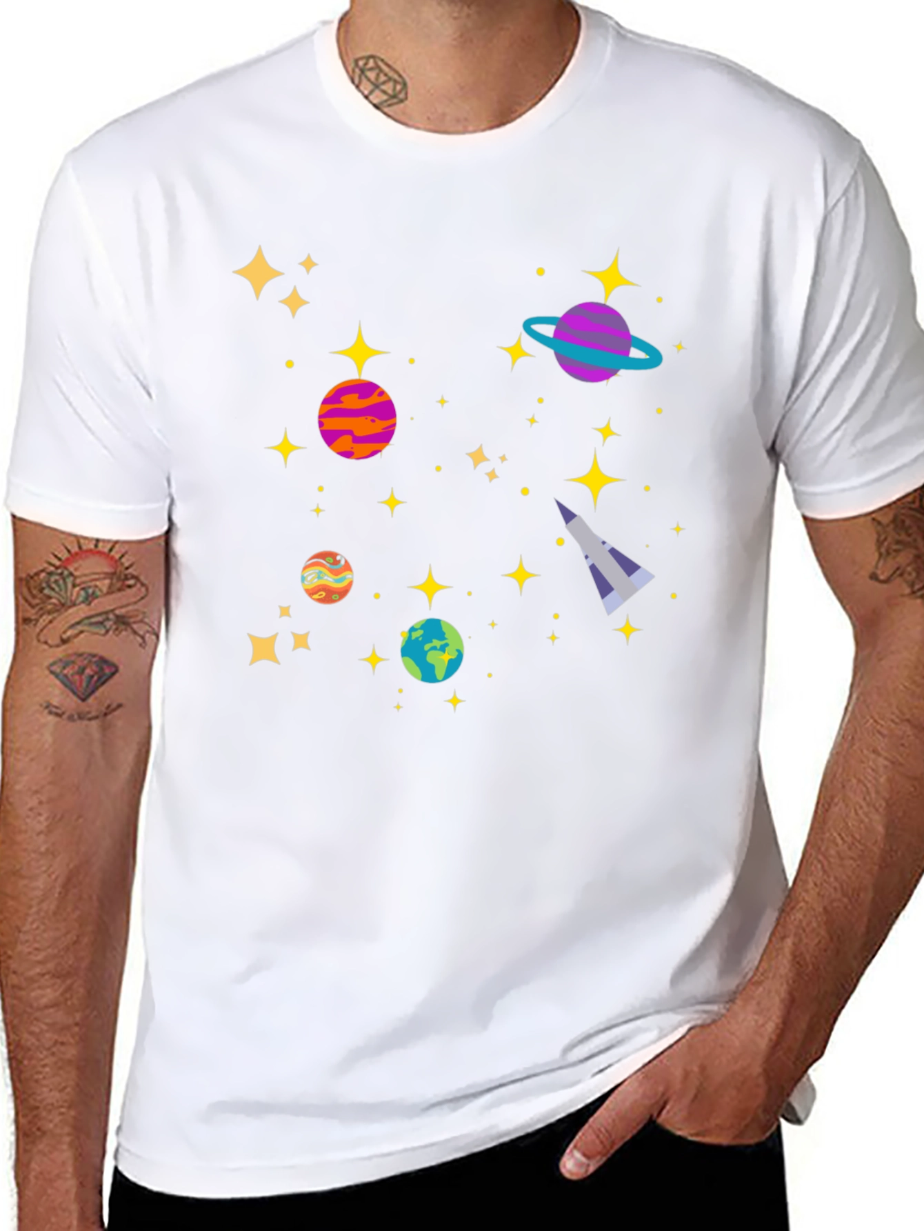 Cosmic Adventure Black T-Shirt - Planets & Stars Design