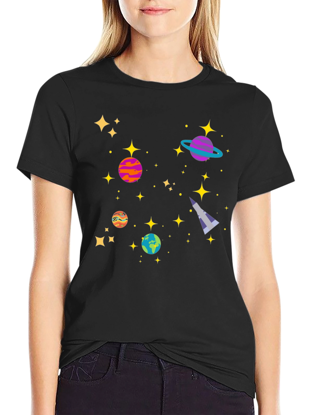 Cosmic Adventure Black T-Shirt - Planets & Stars Design