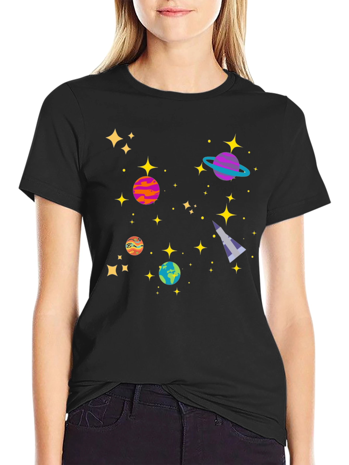 Cosmic Adventure Black T-Shirt - Planets & Stars Design