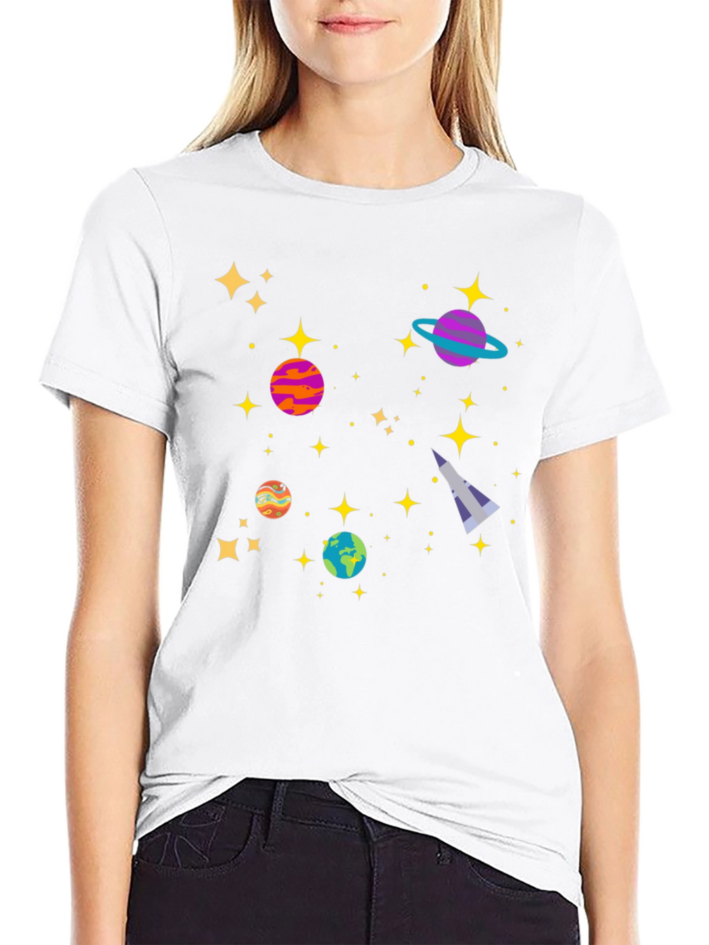 Cosmic Adventure Black T-Shirt - Planets & Stars Design
