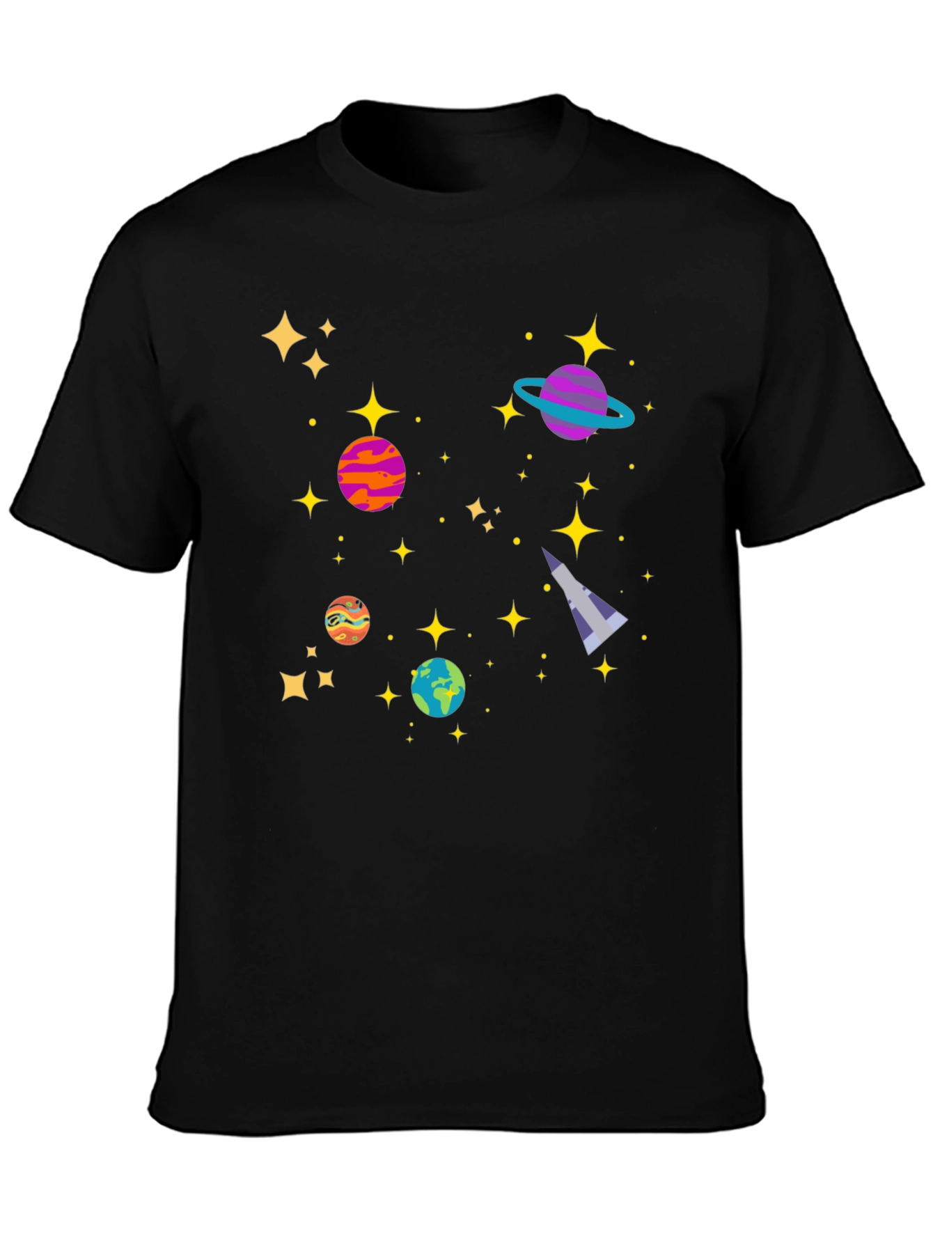 Cosmic Adventure Black T-Shirt - Planets & Stars Design