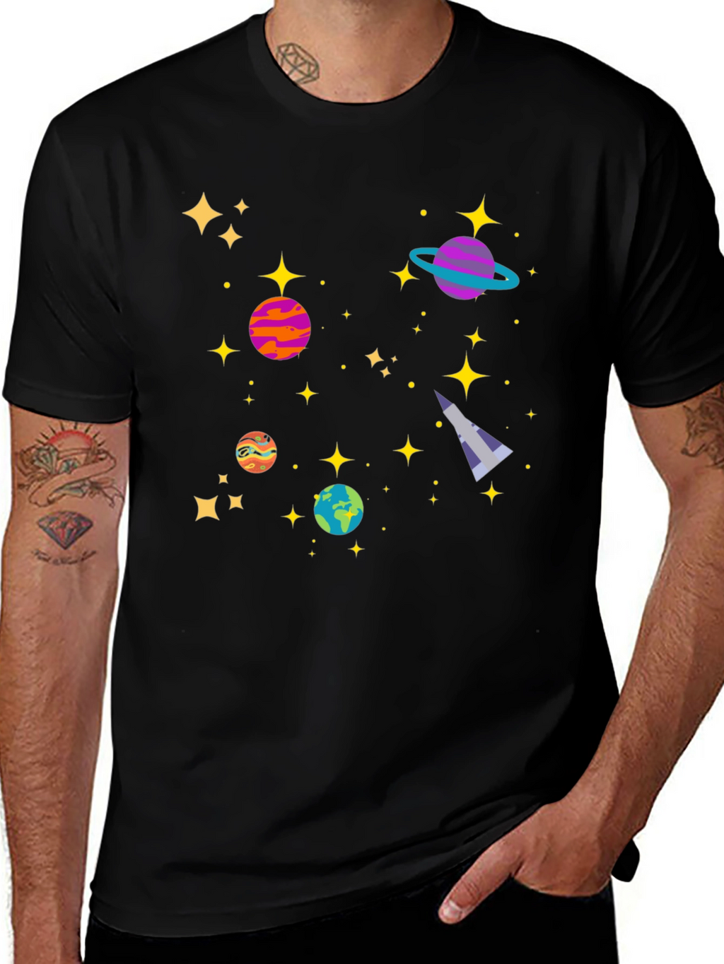 Cosmic Adventure Black T-Shirt - Planets & Stars Design