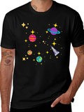 Cosmic Adventure Black T-Shirt - Planets & Stars Design