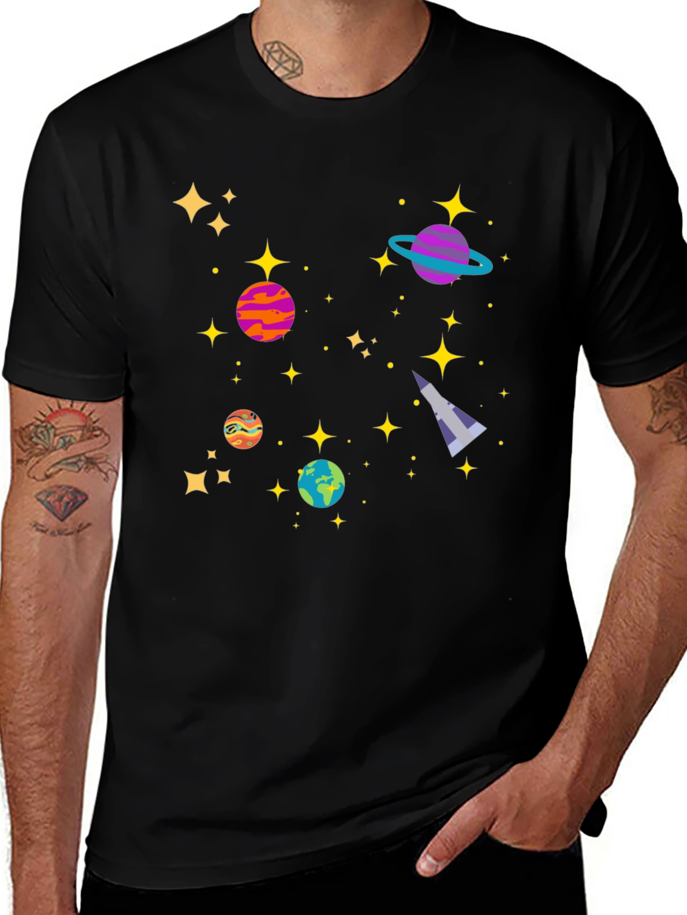 Cosmic Adventure Black T-Shirt - Planets & Stars Design