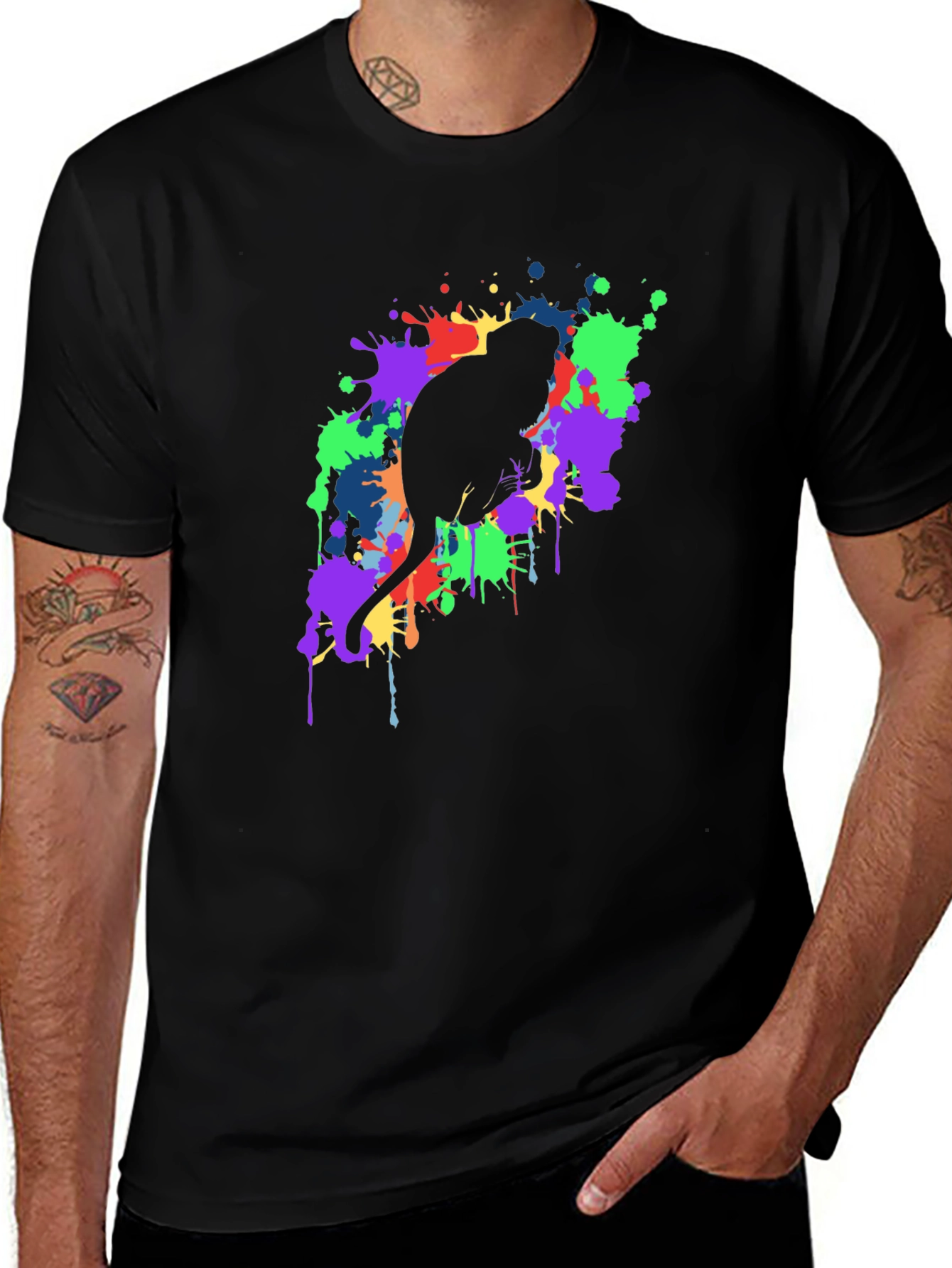 Cat Silhouette Paint Splatter Black T-Shirt