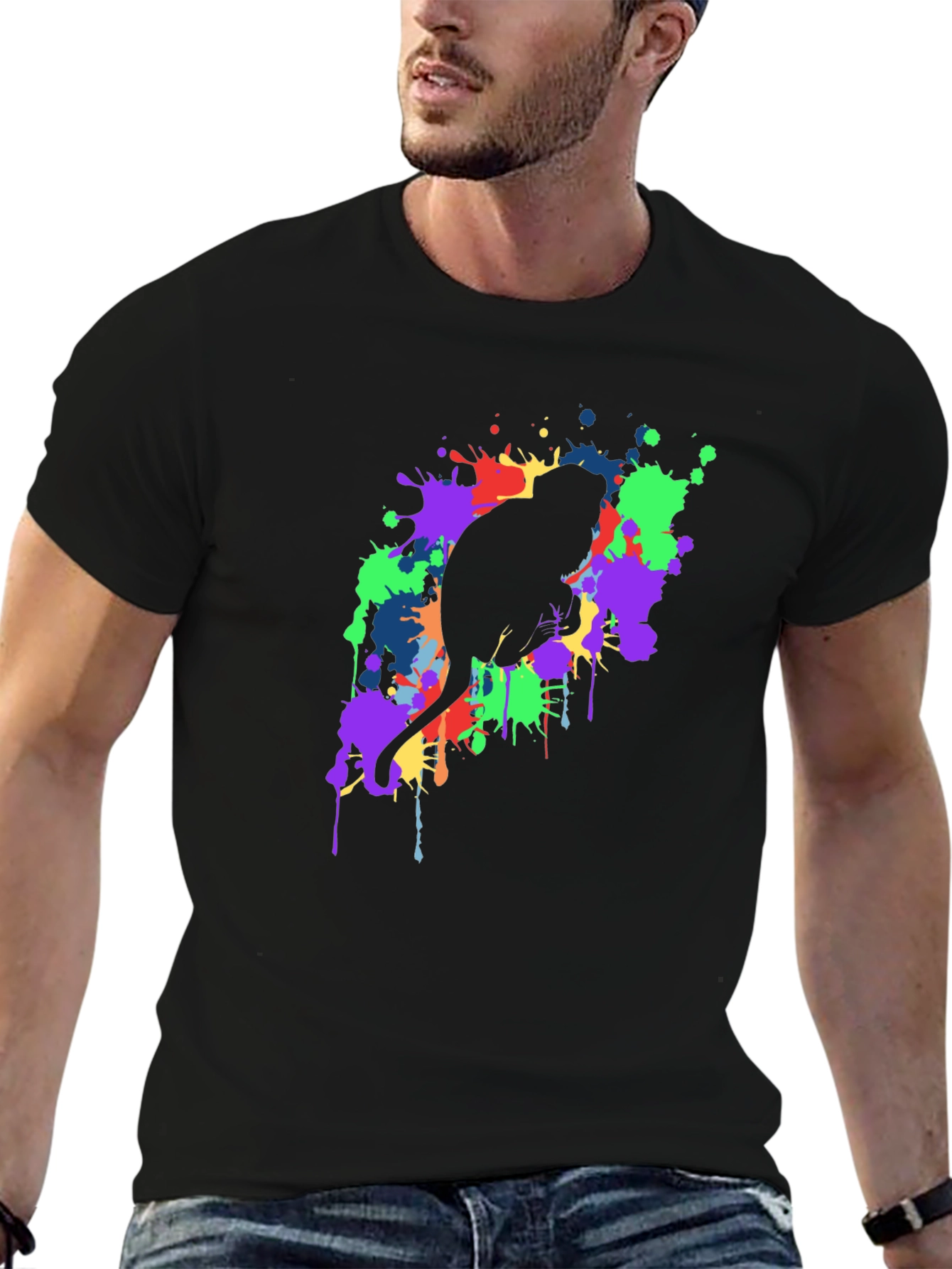 Cat Silhouette Paint Splatter Black T-Shirt