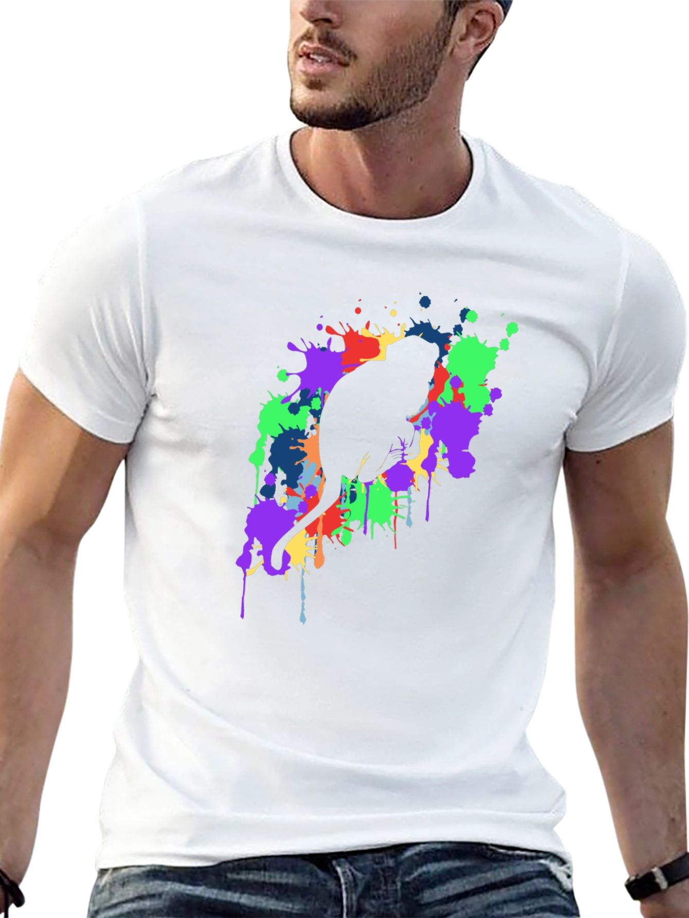 Cat Silhouette Paint Splatter Black T-Shirt