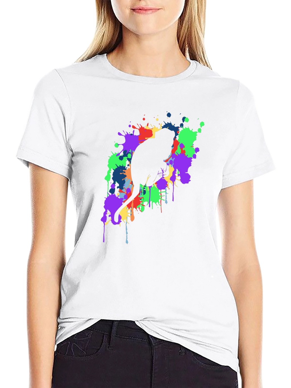 Cat Silhouette Paint Splatter Black T-Shirt