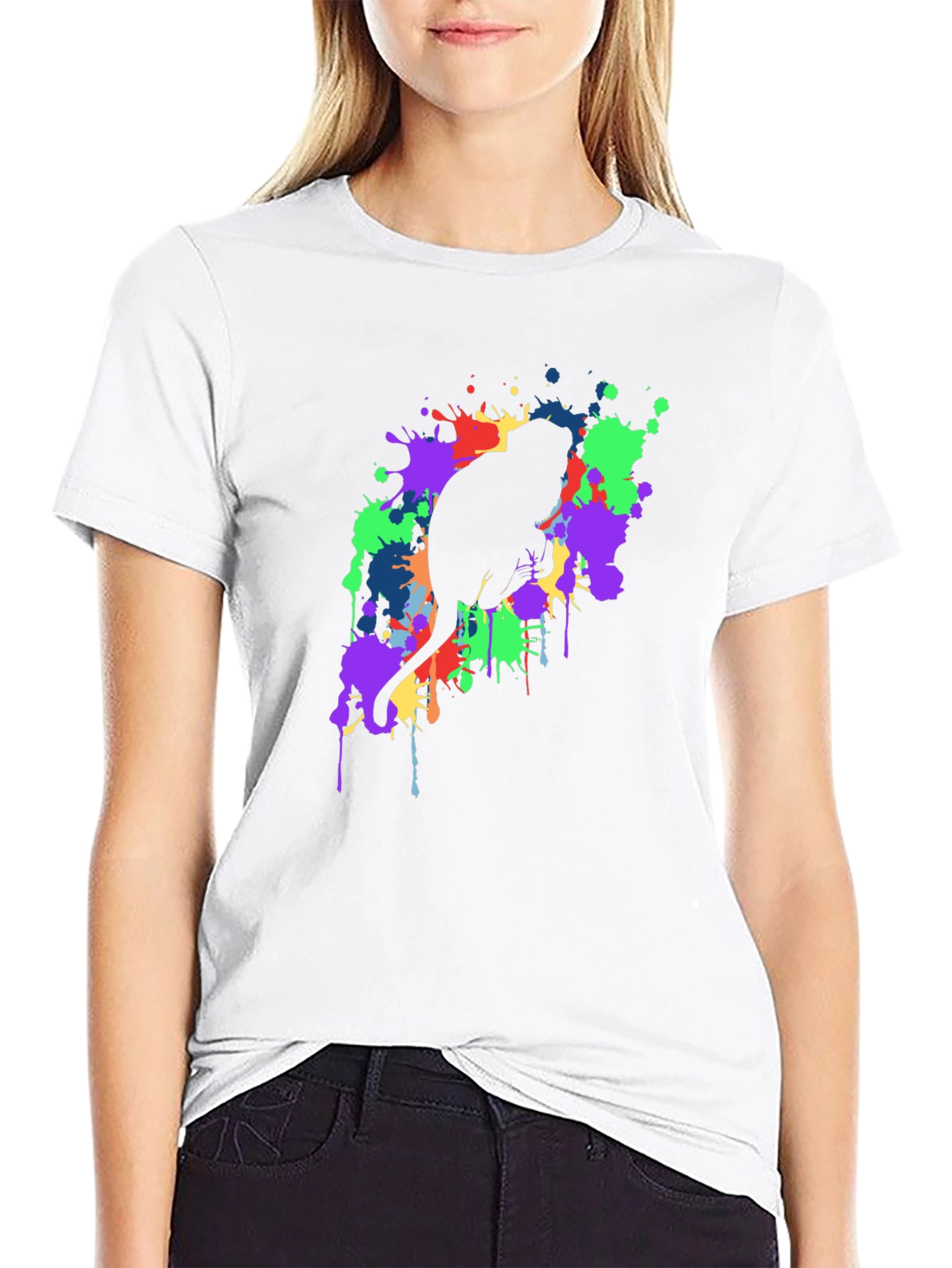 Cat Silhouette Paint Splatter Black T-Shirt