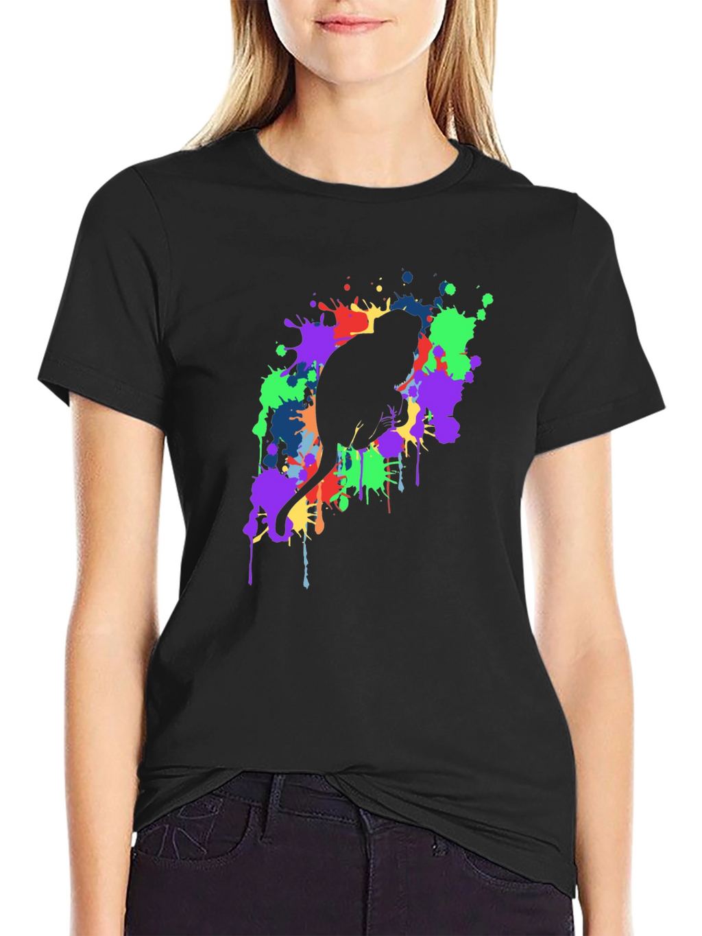 Cat Silhouette Paint Splatter Black T-Shirt