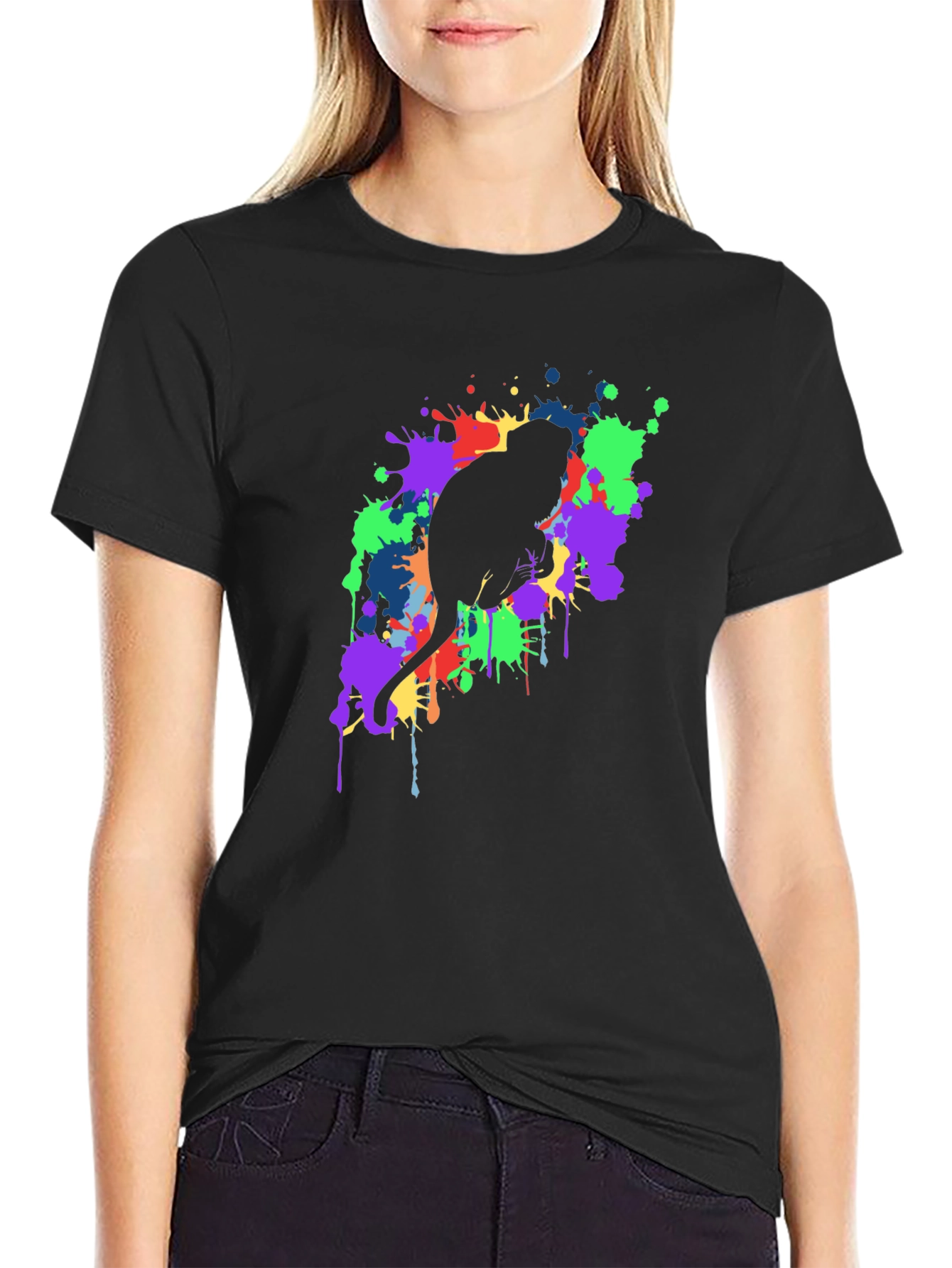 Cat Silhouette Paint Splatter Black T-Shirt