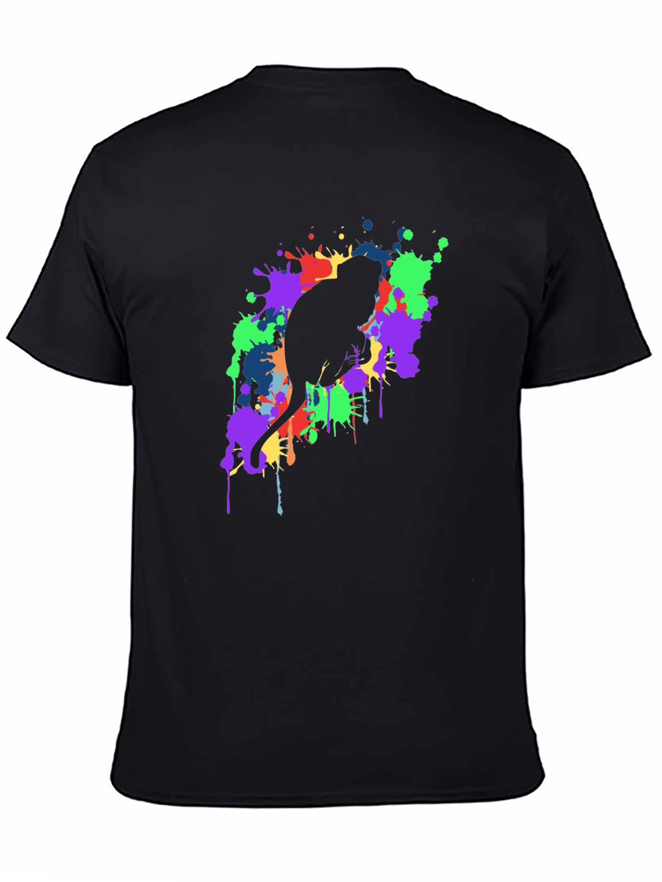 Cat Silhouette Paint Splatter Black T-Shirt