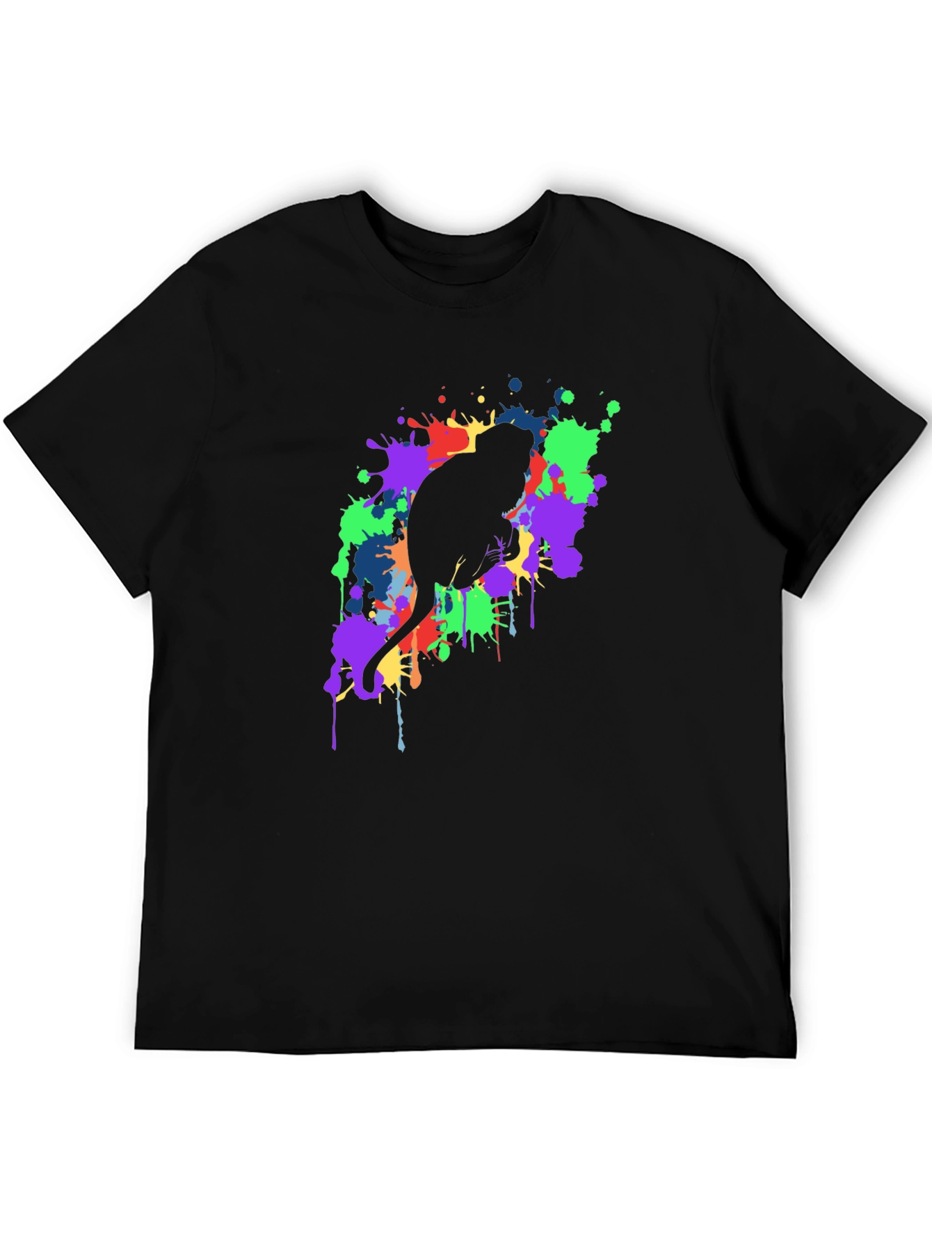 Cat Silhouette Paint Splatter Black T-Shirt