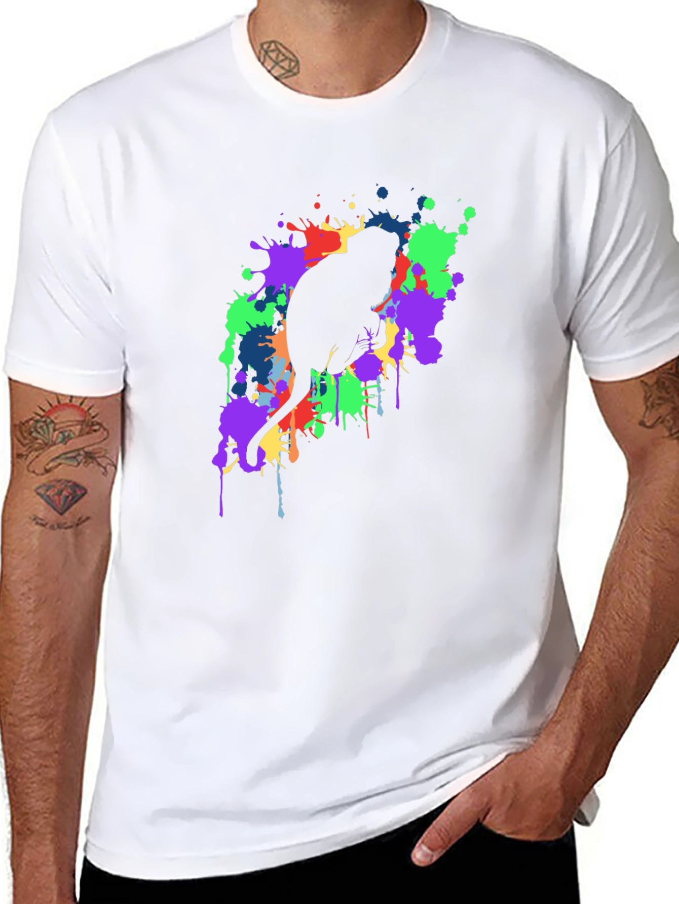 Cat Silhouette Paint Splatter Black T-Shirt