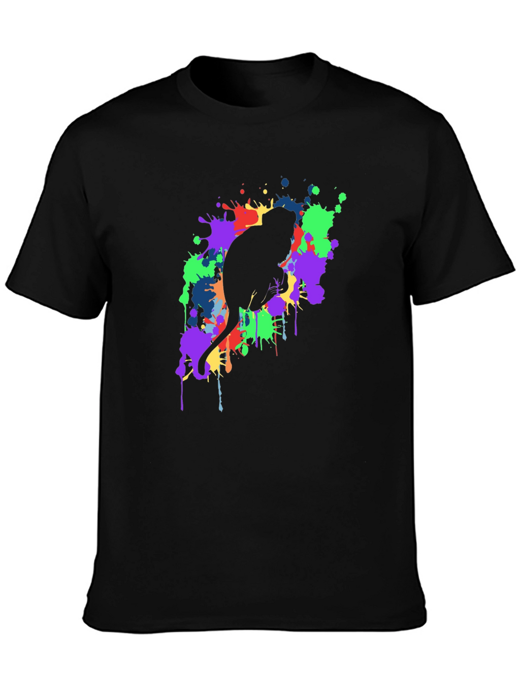 Cat Silhouette Paint Splatter Black T-Shirt