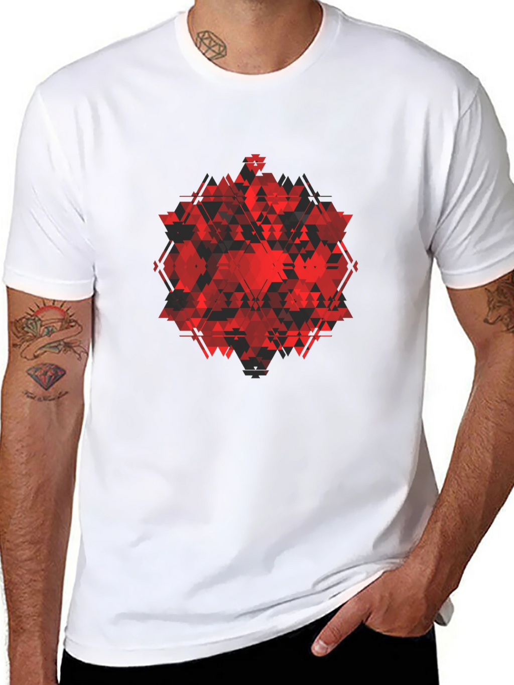 Geometric Red Triangle Graphic Black T-Shirt