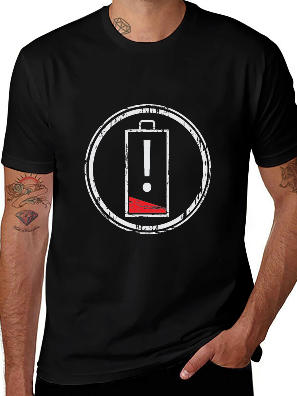 Low Battery Warning Black T-Shirt - Distressed Graphic Tee