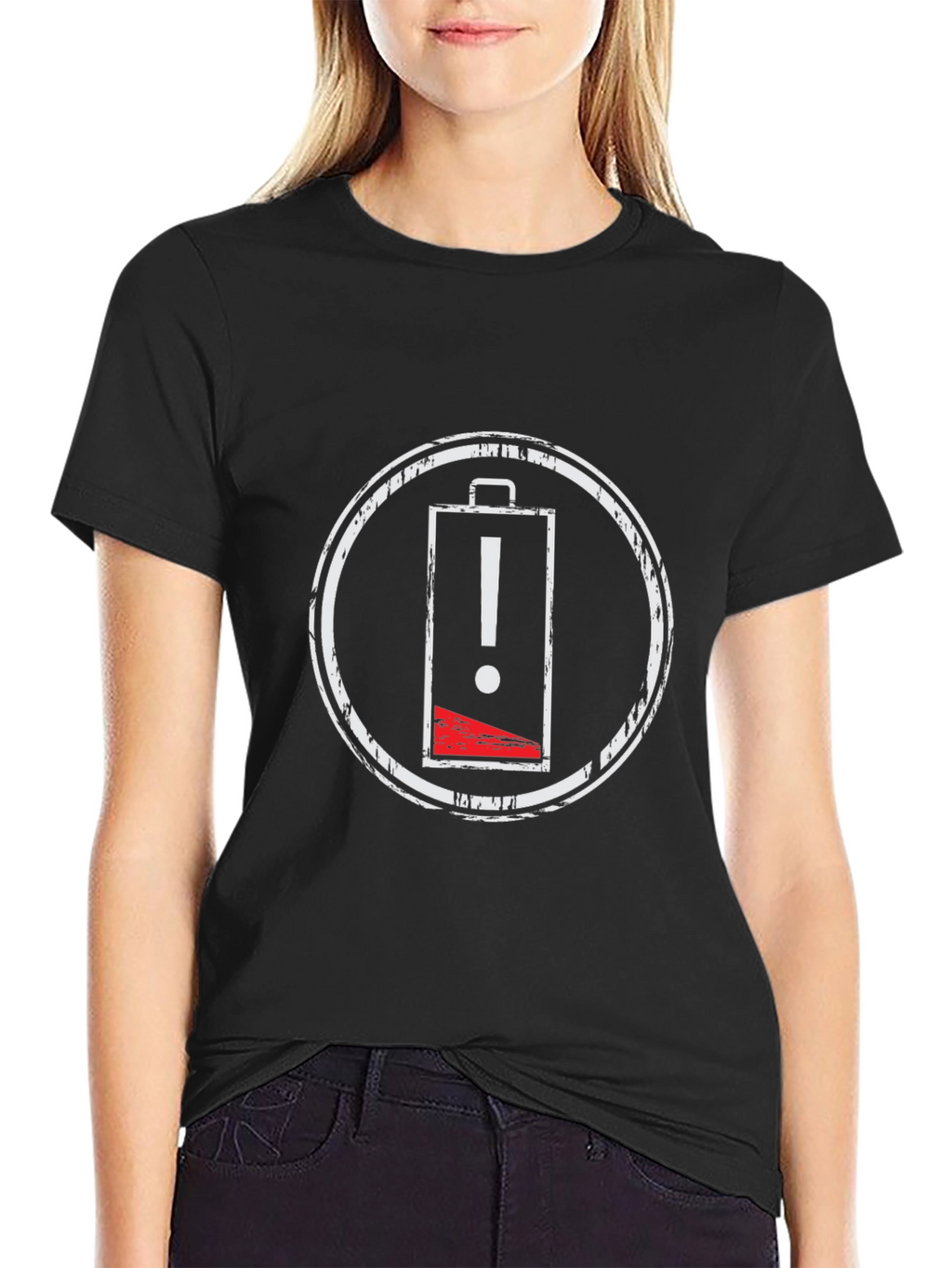 Low Battery Warning Black T-Shirt - Distressed Graphic Tee