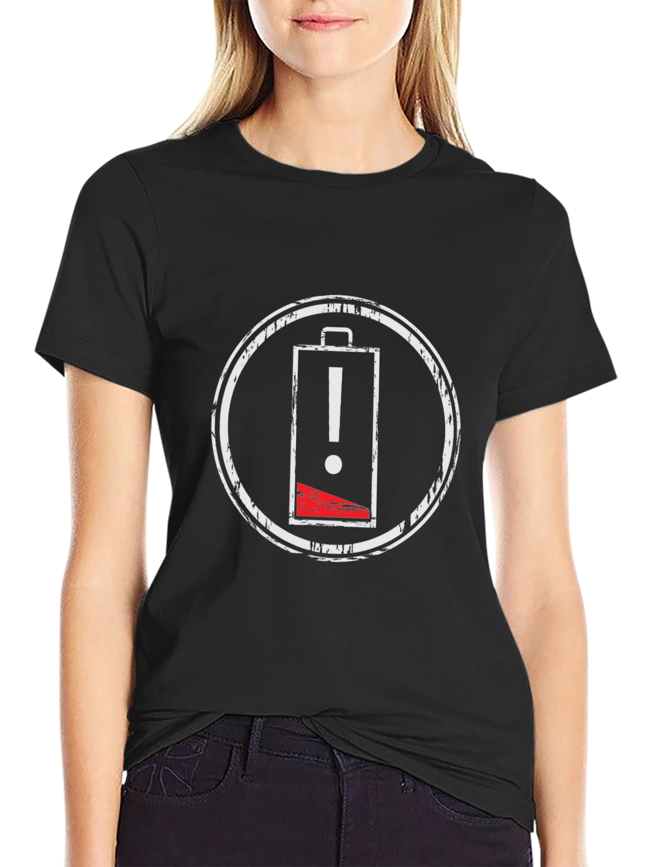 Low Battery Warning Black T-Shirt - Distressed Graphic Tee