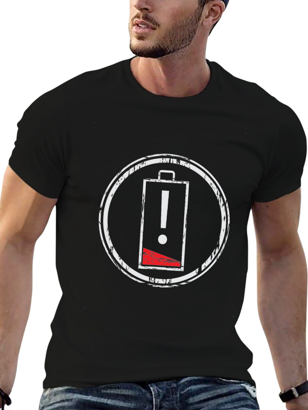 Low Battery Warning Black T-Shirt - Distressed Graphic Tee