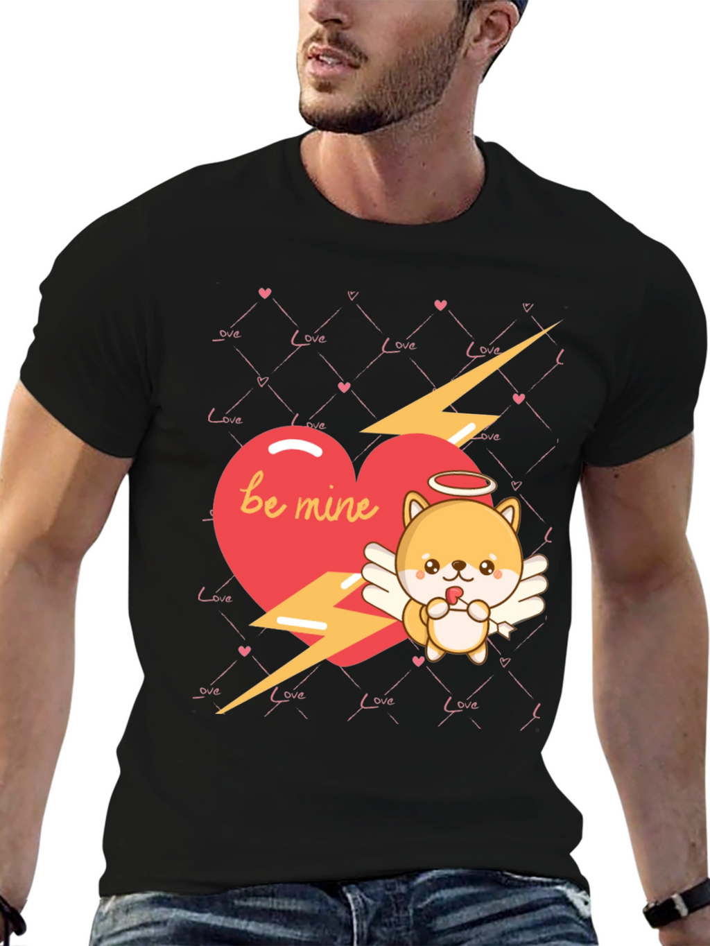 Be Mine Cupid Dog Valentines Day Black T-Shirt