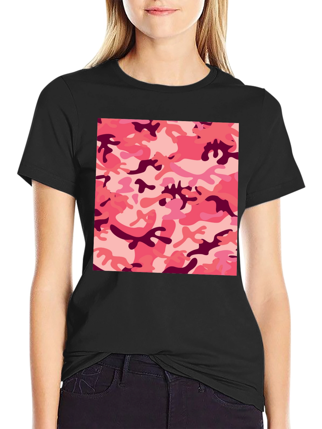 Pink Camo Print Black T-Shirt