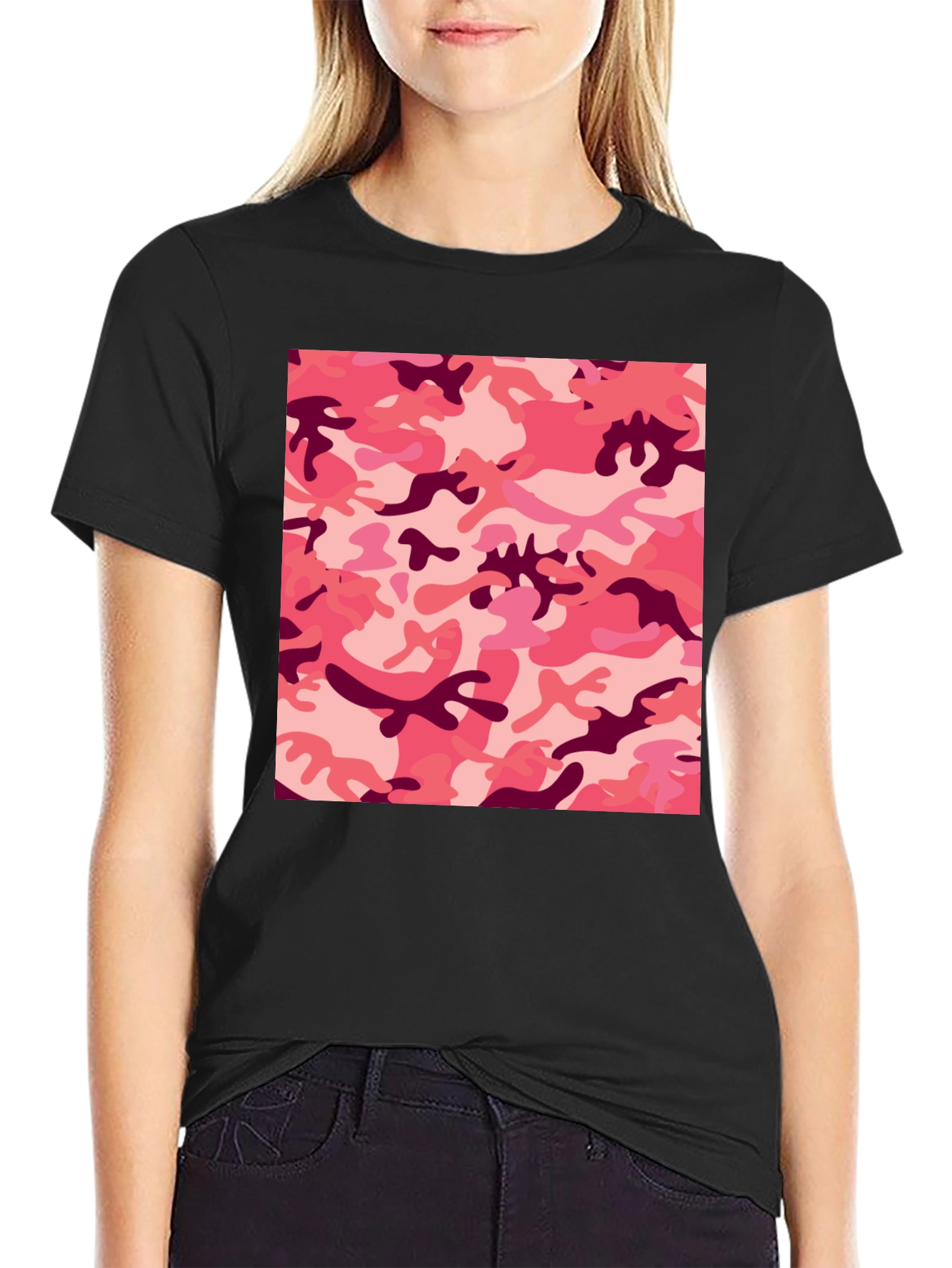 Pink Camo Print Black T-Shirt